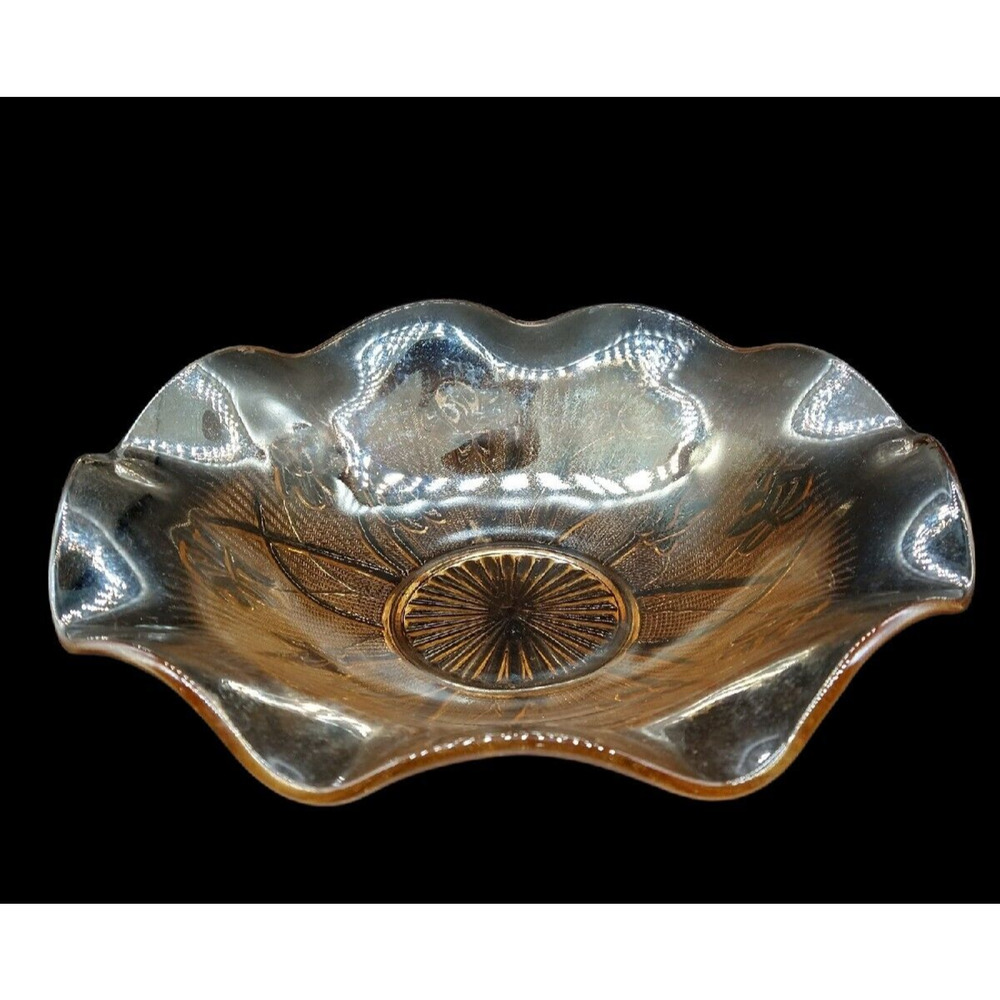 Vintage Jeannette Glass Iridescent Amber Carnival Ruffled Edge Serving Bowl